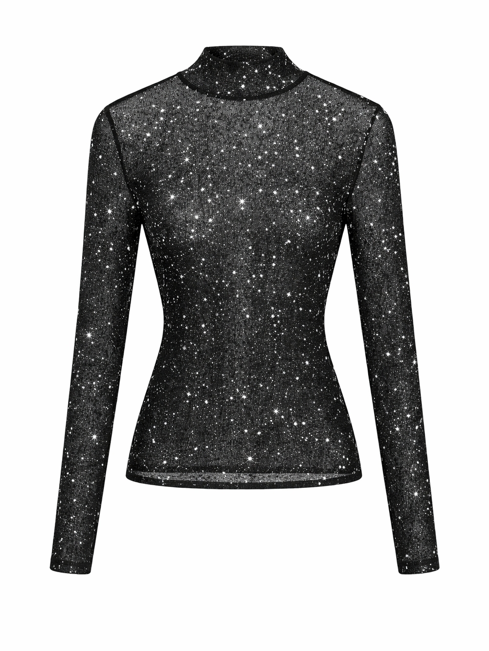 Black Sheer Shimmer Star Mesh Top, M Long Sleeve Metallic Layering Festival Y2K